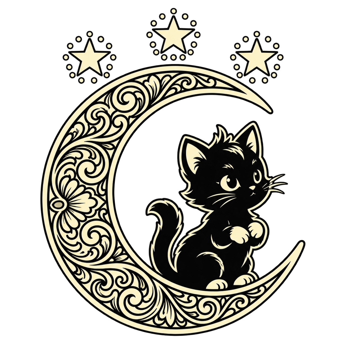 Black kitten on an ornate cream crescent moon, from Beanie After Dark.